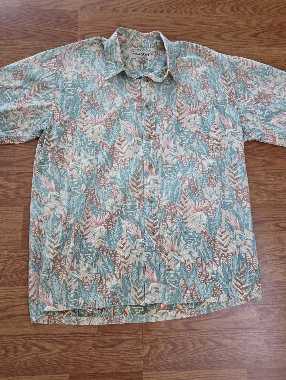 Cooke Street Shirt Mens Large Green Beige Hawaiian Floral 100% Cotton Inside Out